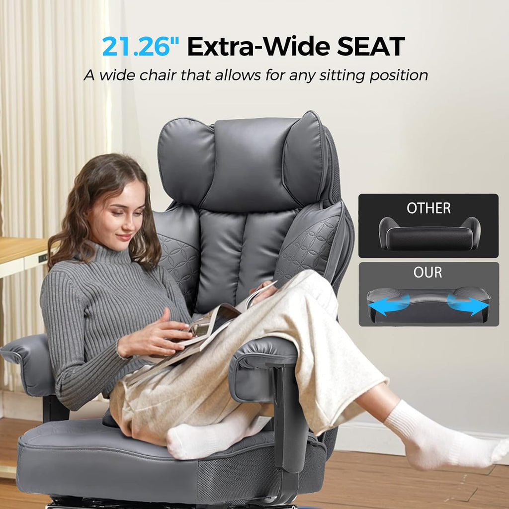 COMHOMA Big and Tall Office Chair Heavy Duty Wide Ergonomic Gaming Chair with Deluxe Embossing Designed Leather with Foot Rest,150°Reclining Adjustable Armrests Pocket Spring Back Support and Pillow