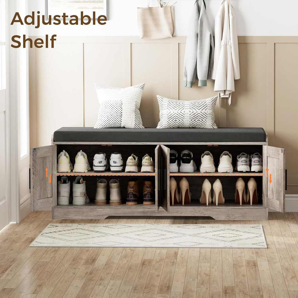 Homleke 2-Tier Storage Bench, Shoe Bench with Thickened Padded Seat Cushion, Entryway Bench with 4 Doors, Adjustable Shelf, 13.8" D x 45.3" W x 18.5" H, for Entryway, Living Room, Bedroom, Greige