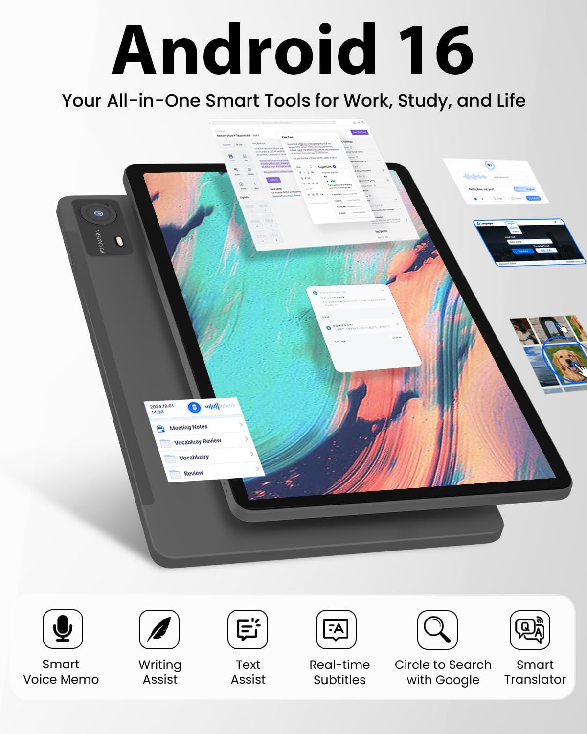 HUIHUANG 11-inch Android 16 Tablet, 32GB RAM + 128GB ROM (1TB Expand), T7280 Octa-Core 2.2GHz Processor, 90Hz FHD+ IPS Display, 8000mAh Battery, Gemini AI, Face ID, Dual Speakers, Fast Charging