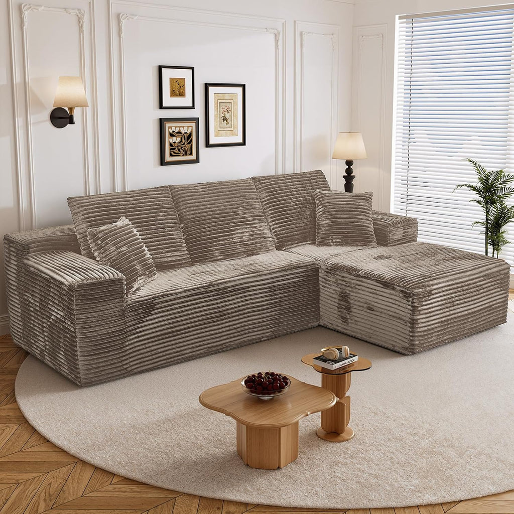 108" L Shaped Boneless Sectional Couches for Living Room, Comfy Corduroy Floor Cloud Sofa with Chaise, Wide Armrest, Deep Seat, Memory Foam, Assembly Free, Ideal for Small Spaces, Brown