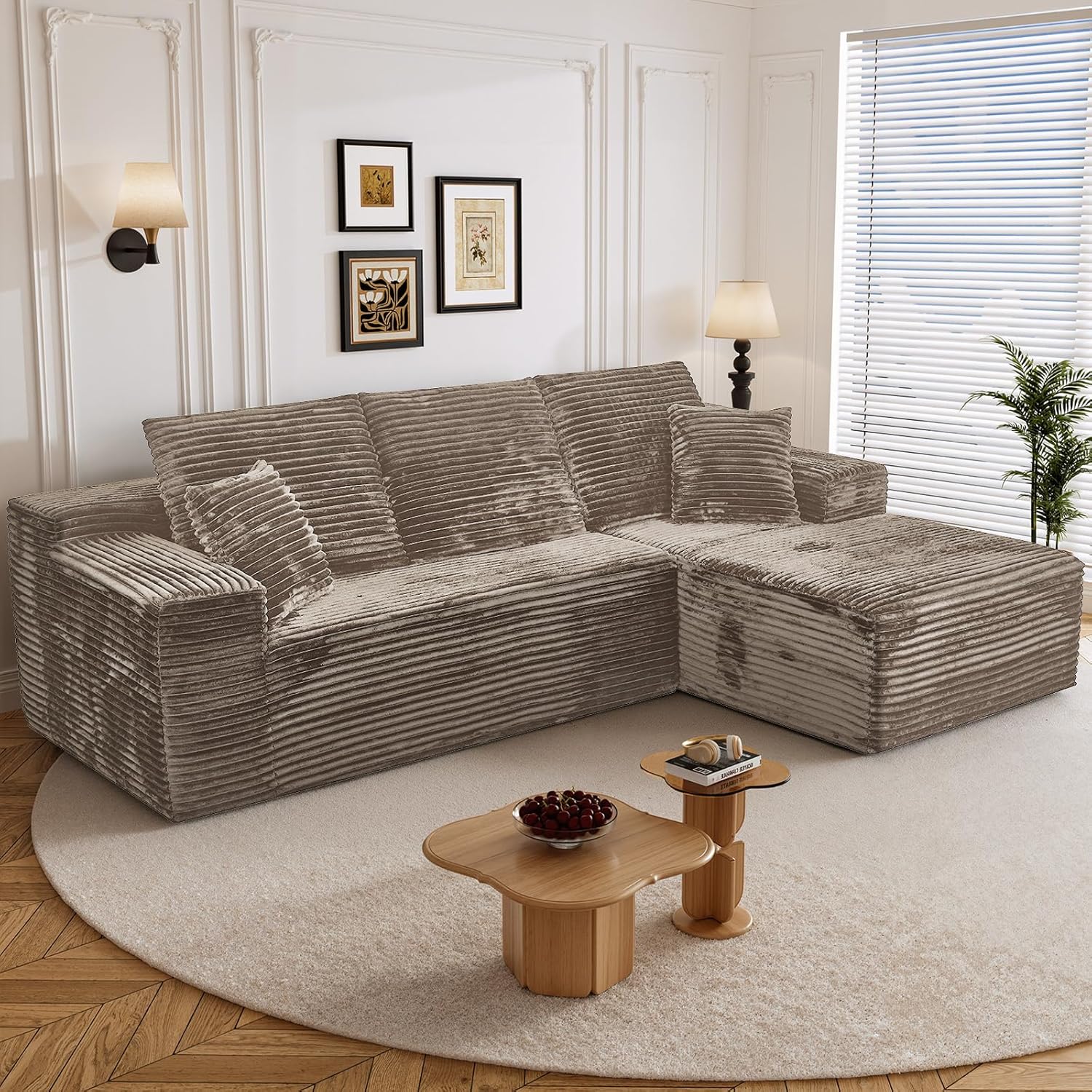 108" L Shaped Boneless Sectional Couches for Living Room, Comfy Corduroy Floor Cloud Sofa with Chaise, Wide Armrest, Deep Seat, Memory Foam, Assembly Free, Ideal for Small Spaces, Brown