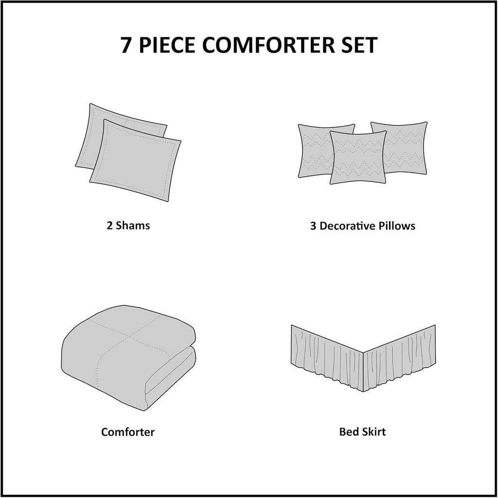 Madison Park Cozy Comforter Set Casual Blocks Design All Season, Matching Bed Skirt, Decorative Pillows, King(104"x92"), Dallas Corduroy, Taupe Brown, 7 Piece