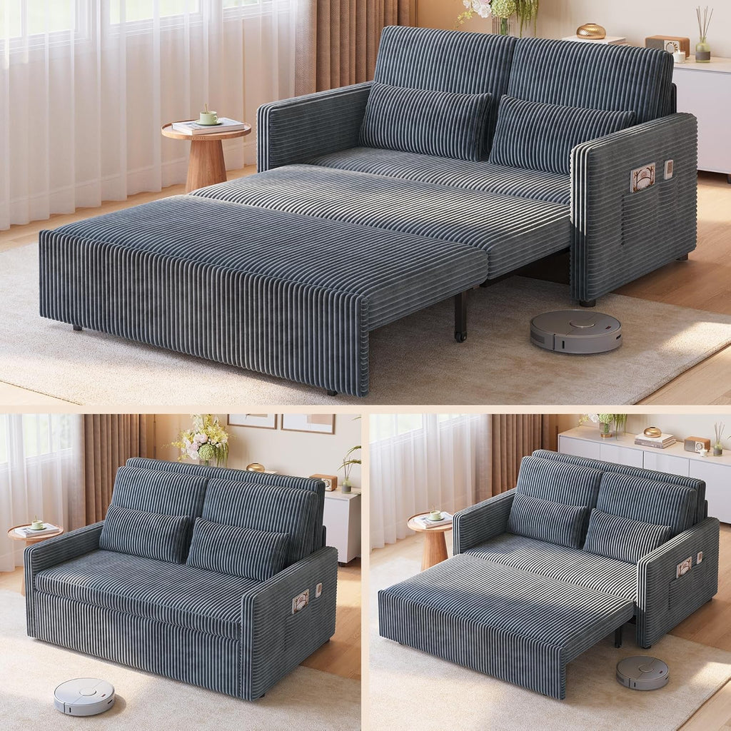 Ahomly 77.2'' Extended Pull Out Sofa Bed, 3-in-1 Small Space Convertible Loveseat Sleeper Couch Bed, Corduroy Sofa for Living Room, Bedroom, Apartment, Dark Grey