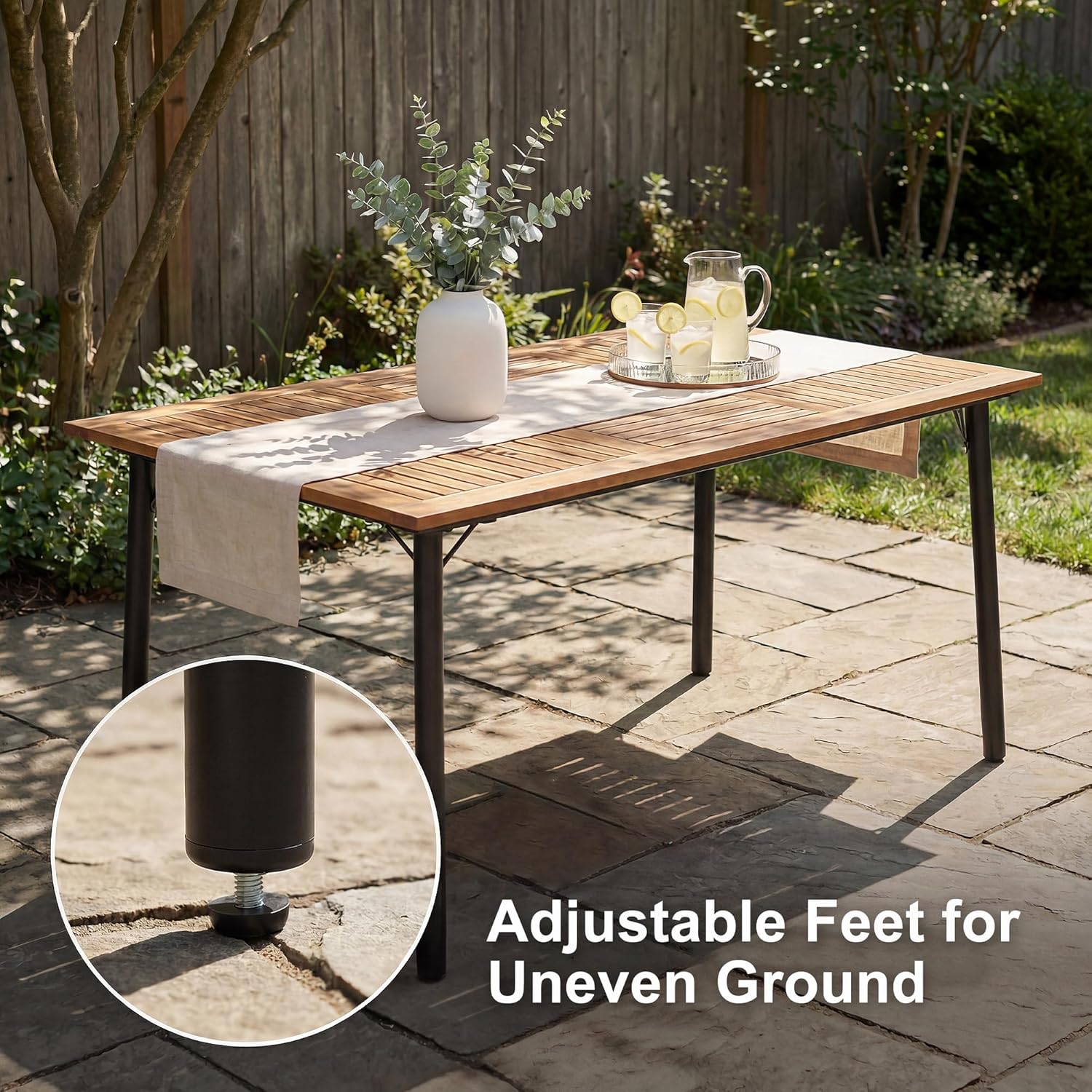 Flamaker Acacia Wood Patio Outdoor Dining Table for 6, Outdoor Table with Umbrella Hole and Metal Legs for Garden, 63''L x 36'' W x 30'' H