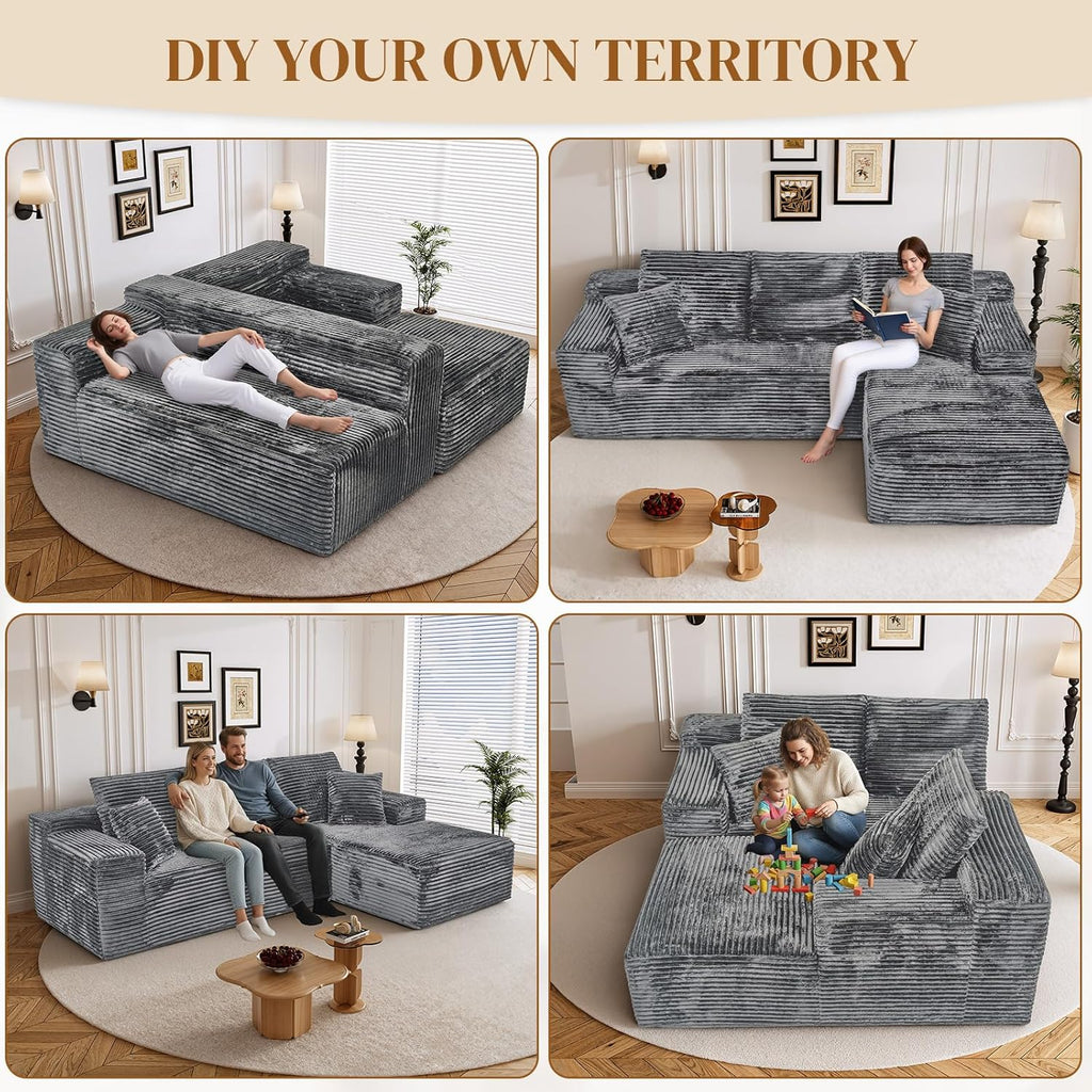 108" L Shaped Boneless Sectional Couches for Living Room, Comfy Corduroy Floor Cloud Sofa with Chaise, Wide Armrest, Deep Seat, Memory Foam, Assembly Free, Ideal for Small Spaces, Grey