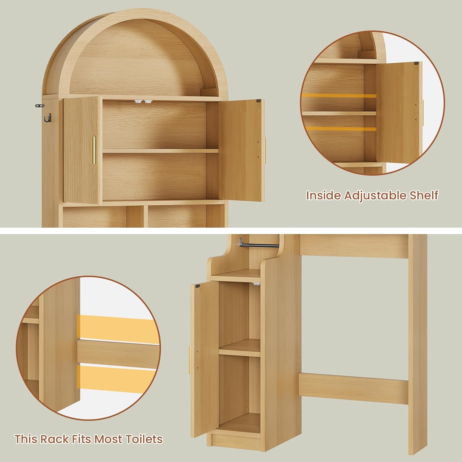 Itaar Arched Over The Toilet Storage Cabinet, 78.7" H Fluted Bathroom Organizer with Reversible Side Cabinet, Adjustable Shelves, Anti-Tipping, Hooks & Paper Holder for Bathroom Laundry Room, Oak