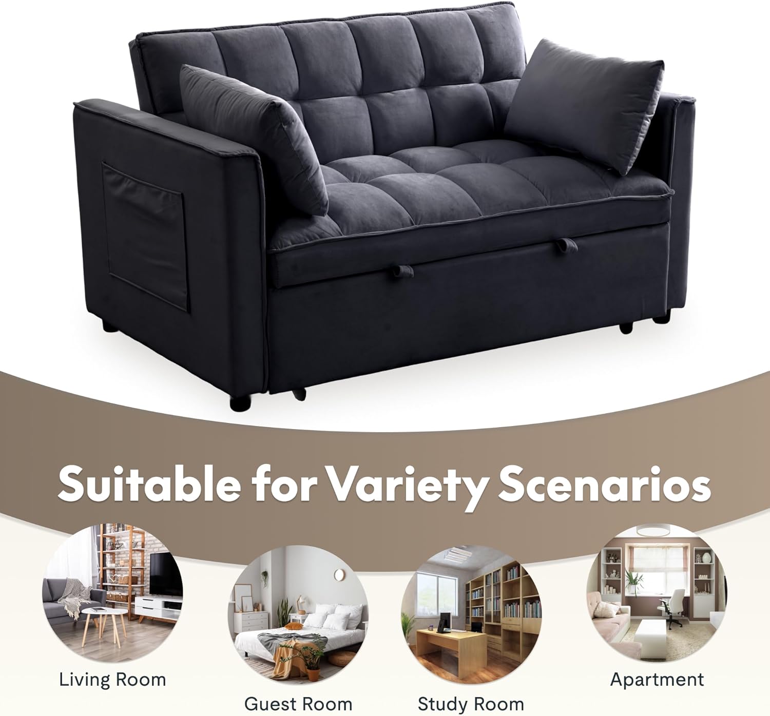 FLEXISPOT XCT4 Pull Out Couch, 3-in-1 Sleeper Sofa Bed with Adjustable Backrest, Loveseat Sleeper with Pillows & Side Pockets, Convertible Futon Couch for Small Spaces Guest Room Apartment, Black