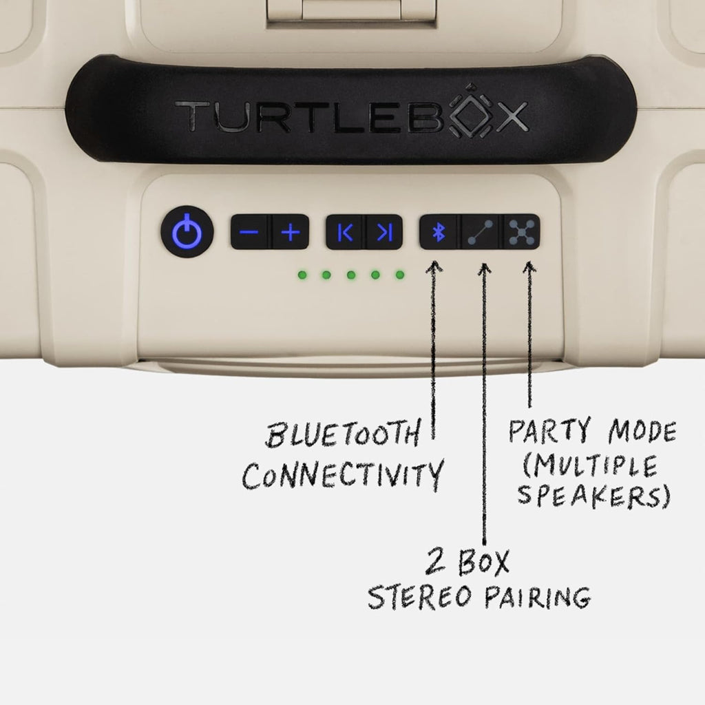 Turtlebox Grande: Loud! Outdoor Portable Bluetooth 5.4 Speaker | Rugged, Waterproof, Ultra-Portable | Plays to 126db, Deep Bass, Shockproof, Unlimited Pairing (Black Handle, Tan)