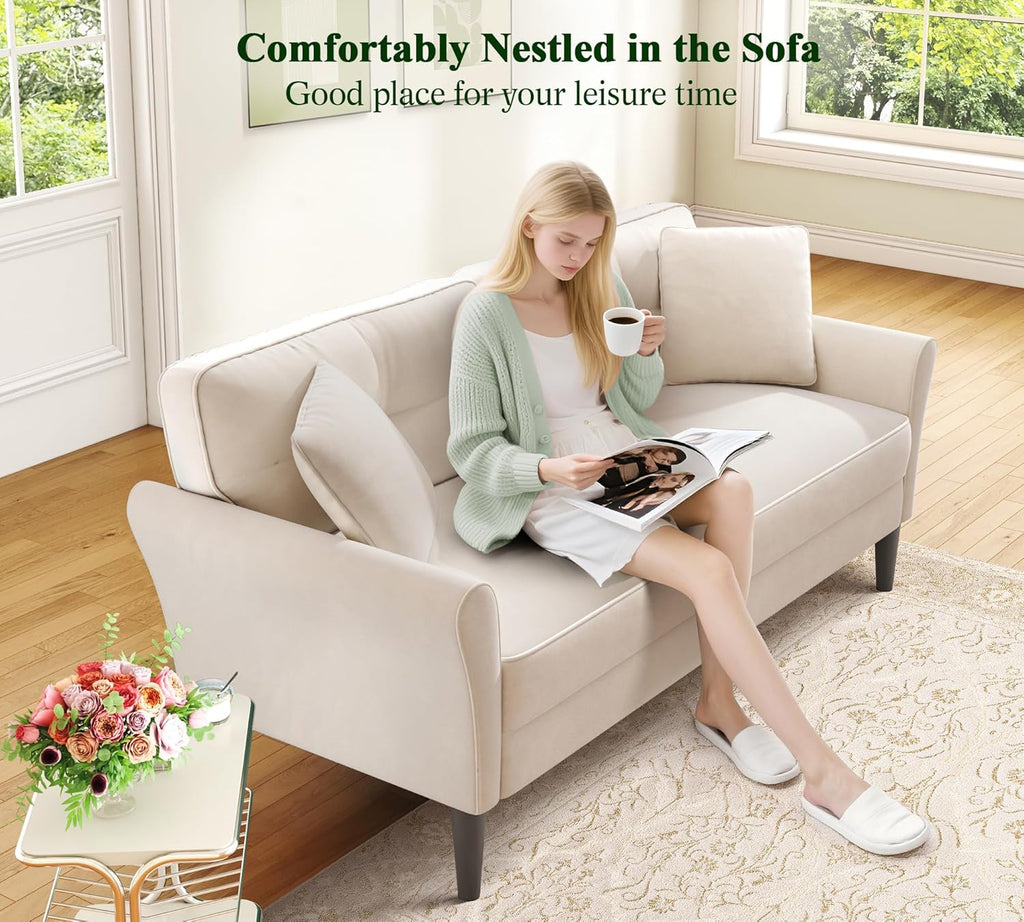 Loveseat Sofa, 69" Love Seat Couches, Comfy Velvet Small Couches for Small Spaces with 2 Pillows, Tool-Free Setup Sofas & Couches, 700lb Load Sofas for Living Room, Mini Couch for Bedroom, White Couch