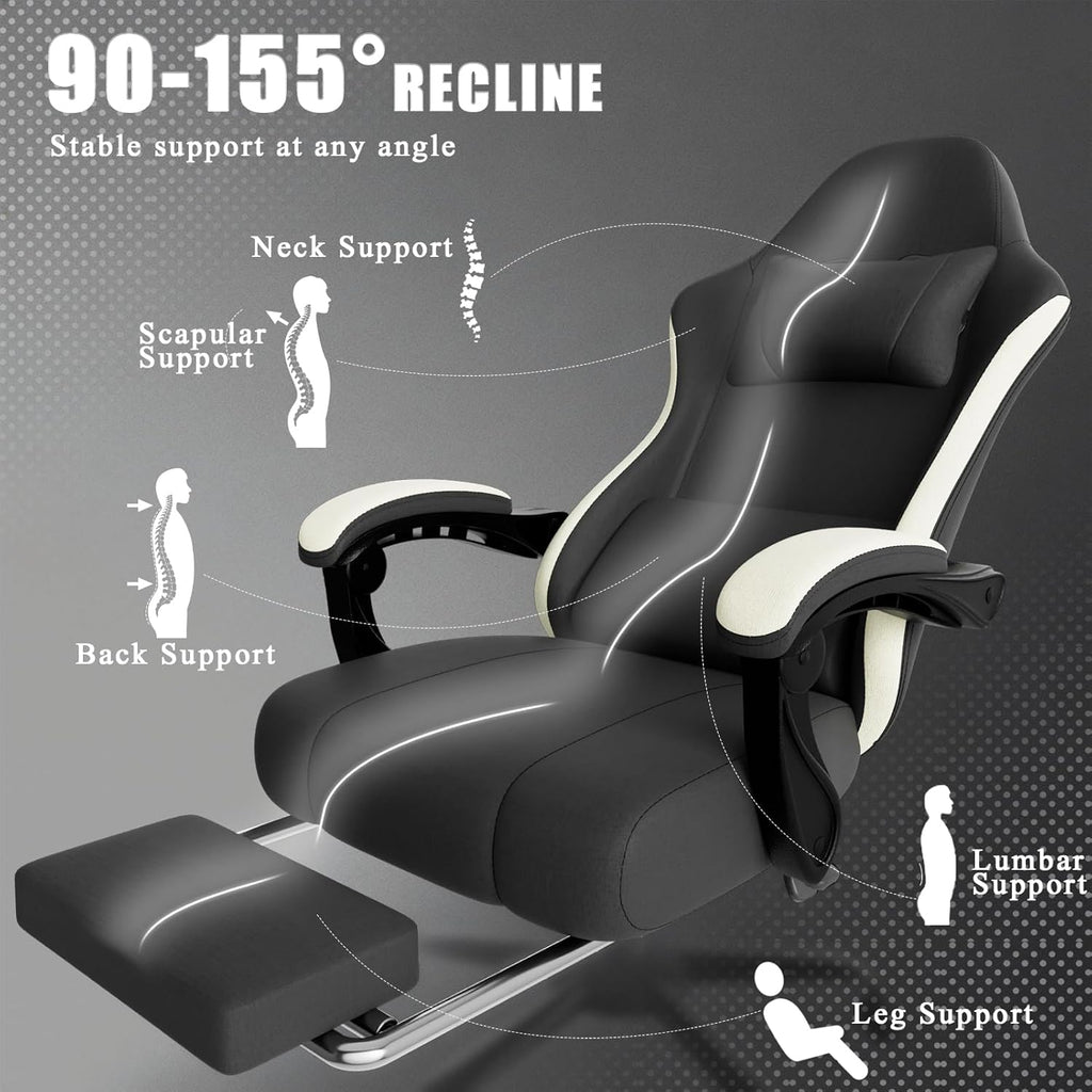 Gaming Chair, High Back Fabric Computer Chair with Pocketed Spring Cushion and Footrest, Height Adjustable Game Chair with Headrest and Lumbar Support (Beige & Black)