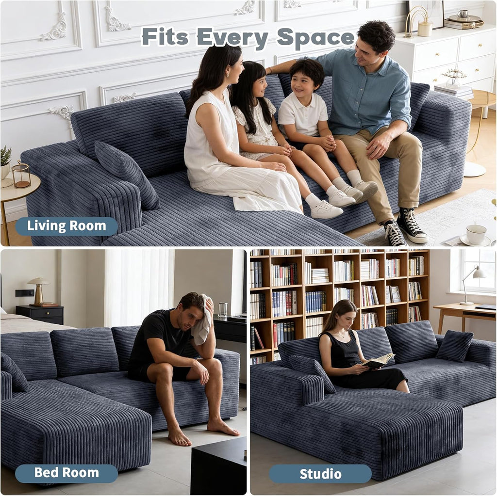 106" Corduroy Sectional Couch, Boneless L Shaped Couch with Deep Seat, Cloud Foam Sofa with Oversized Chaise, Sectional Sofa No Assembly Needed for Living Room