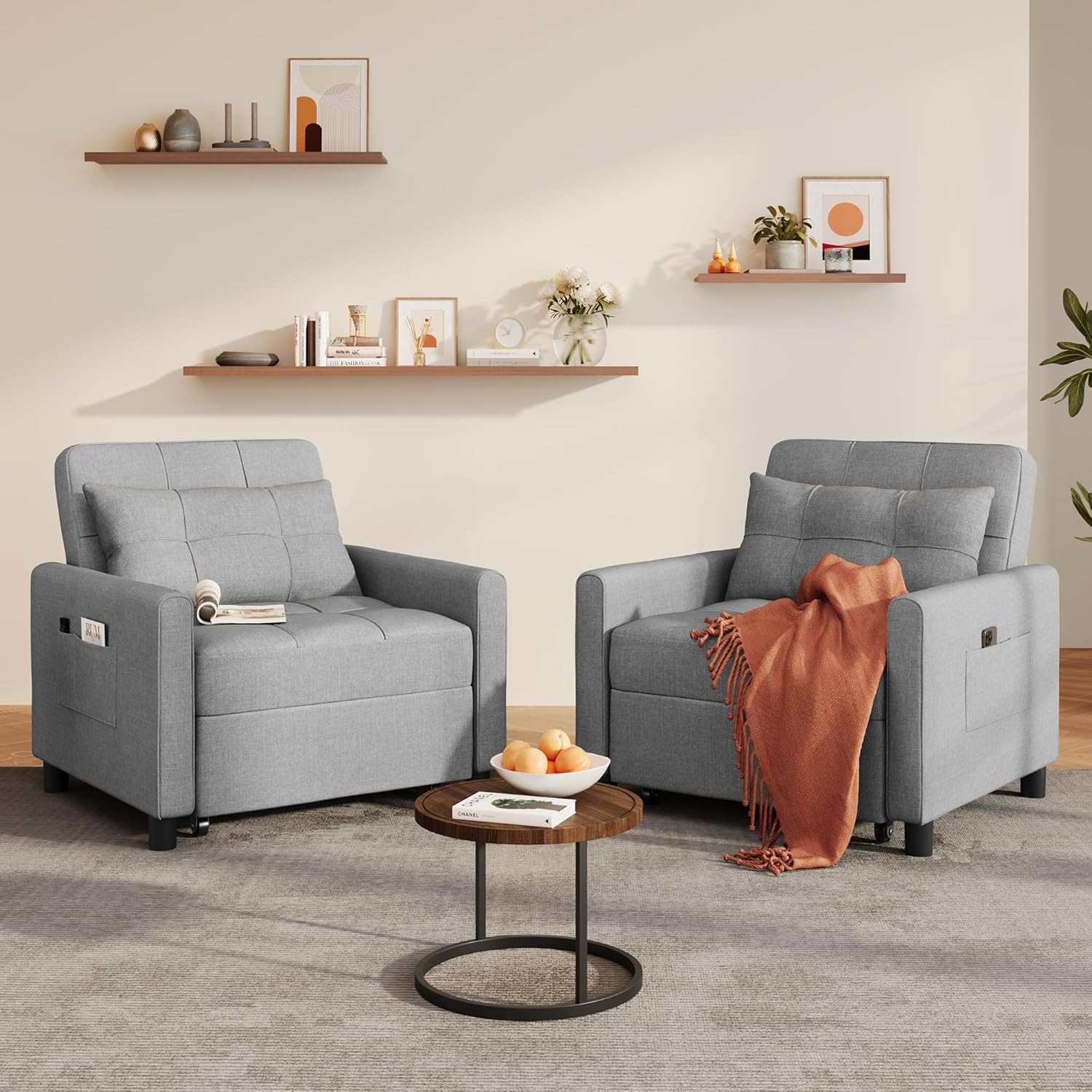 Ahomly Sleeper Sofa Chair Bed, Convertible Sofa Chair 3-in-1, Adjustable Sleeper Chair Pullout Sofa Bed with Modern Linen Fabric for Living Room Apartment Small Space, Grey