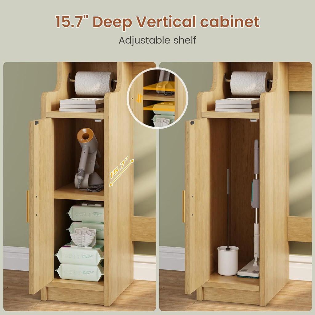 Itaar Arched Over The Toilet Storage Cabinet, 78.7" H Fluted Bathroom Organizer with Reversible Side Cabinet, Adjustable Shelves, Anti-Tipping, Hooks & Paper Holder for Bathroom Laundry Room, Oak