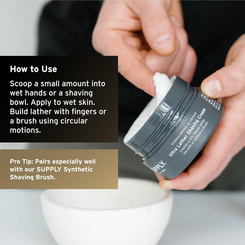 SUPPLY Ultra Lather Shaving Cream for Men – Rich Cushion for Smoother Shave – Helps Reduce Shave Irritation – Sandalwood & Cedar – 3.4 oz