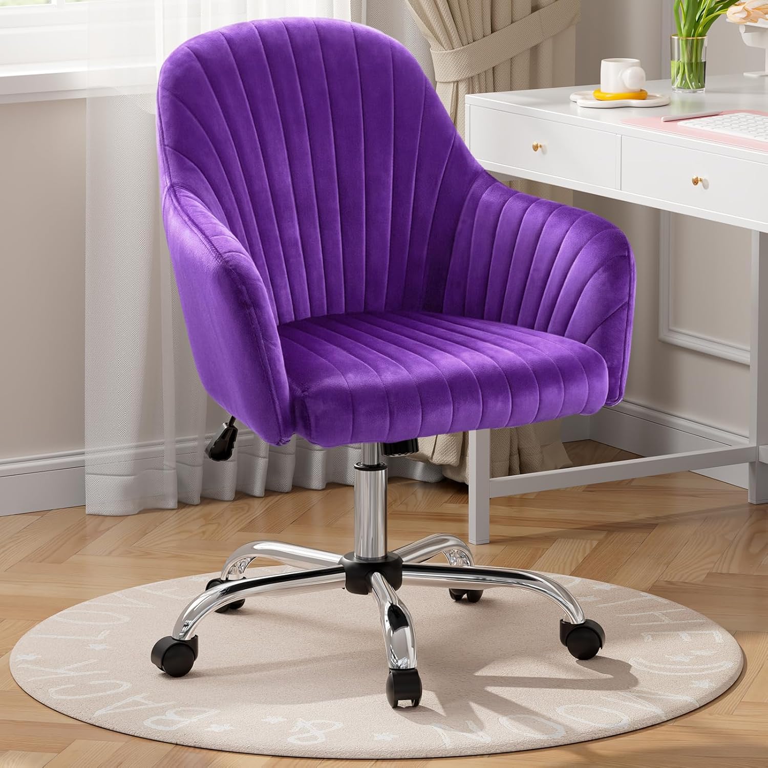 Warmiehomy Office Chair, Velvet Desk Chair for Home Office, Cozy Vanity Chair, Girl Cute Makeup Chair with Arm Rest for Bedroom Dressing Room (Velvet Plum Purple)