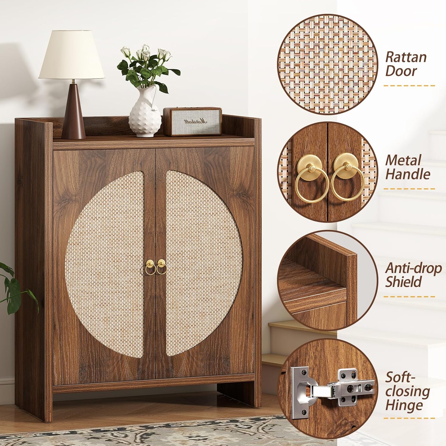 Shoe Cabinet Storage for Entryway - Rattan Entry Way Shoe Storage Cabinet with Adjustable Shelves, Wood Shoe Organizer Cabinet, Accent Cabinet with Doors for Entrance Hallway Living Room Foyer