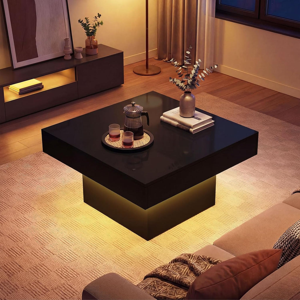 Giantex LED Coffee Table, Square Center Table with Remote, 21 Dynamic Modes, 20 Static Colors, Adjustable Brightness & Speed, Wood Low Cocktail Accent Table, Modern Living Room Table (Black)