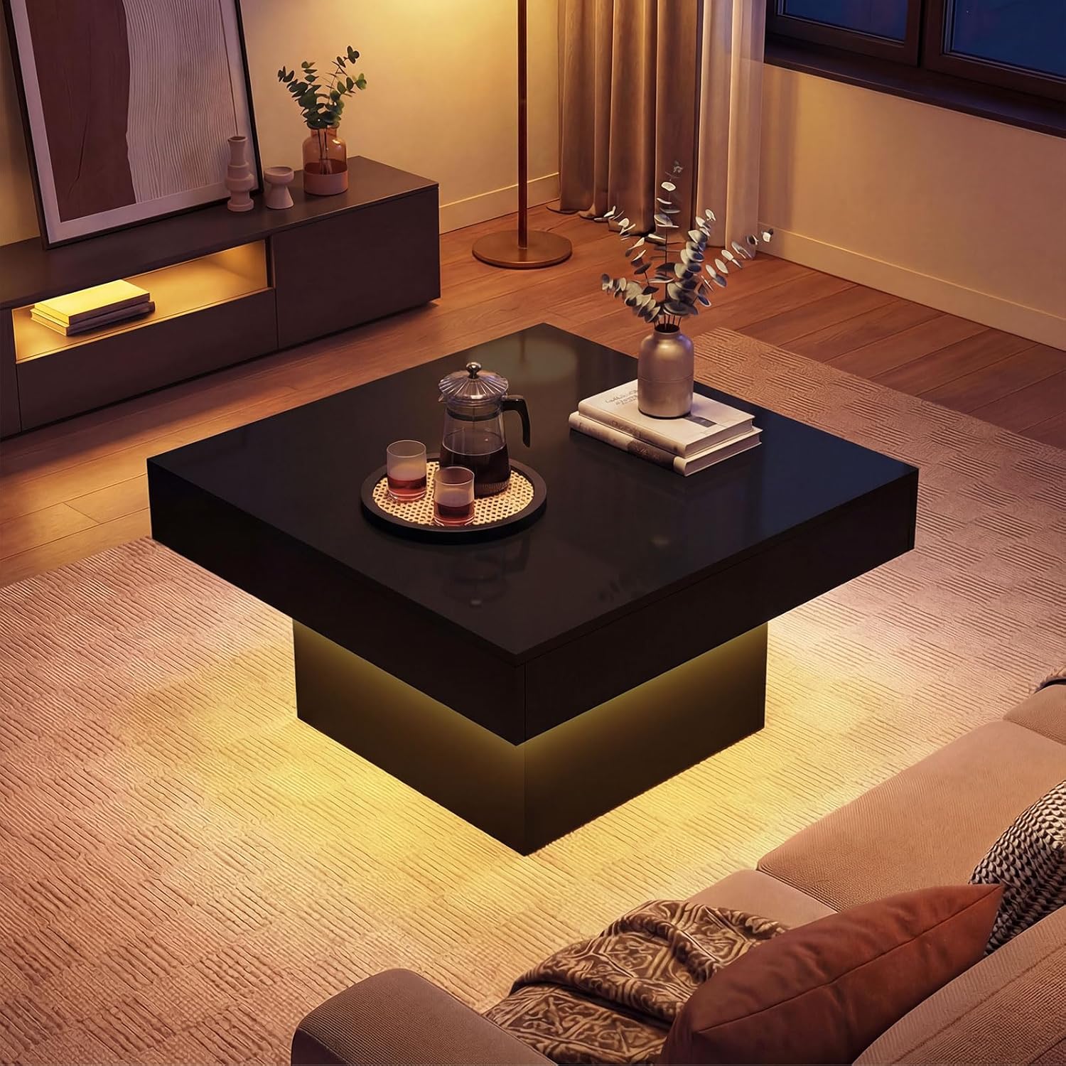 Giantex LED Coffee Table, Square Center Table with Remote, 21 Dynamic Modes, 20 Static Colors, Adjustable Brightness & Speed, Wood Low Cocktail Accent Table, Modern Living Room Table (Black)