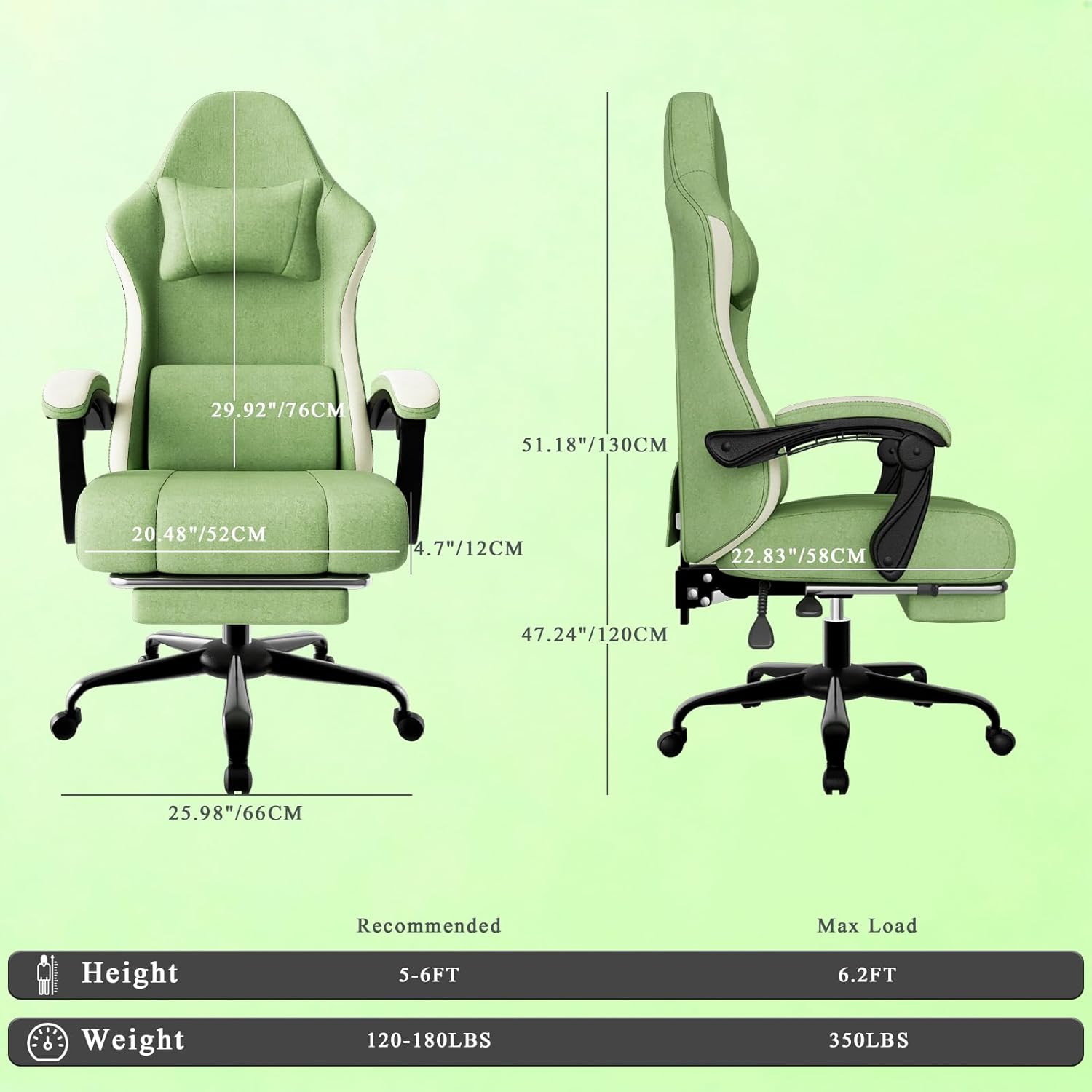 Gaming Chair, High Back Fabric Computer Chair with Pocketed Spring Cushion and Footrest, Height Adjustable Game Chair with Headrest and Lumbar Support (Beige & Green)