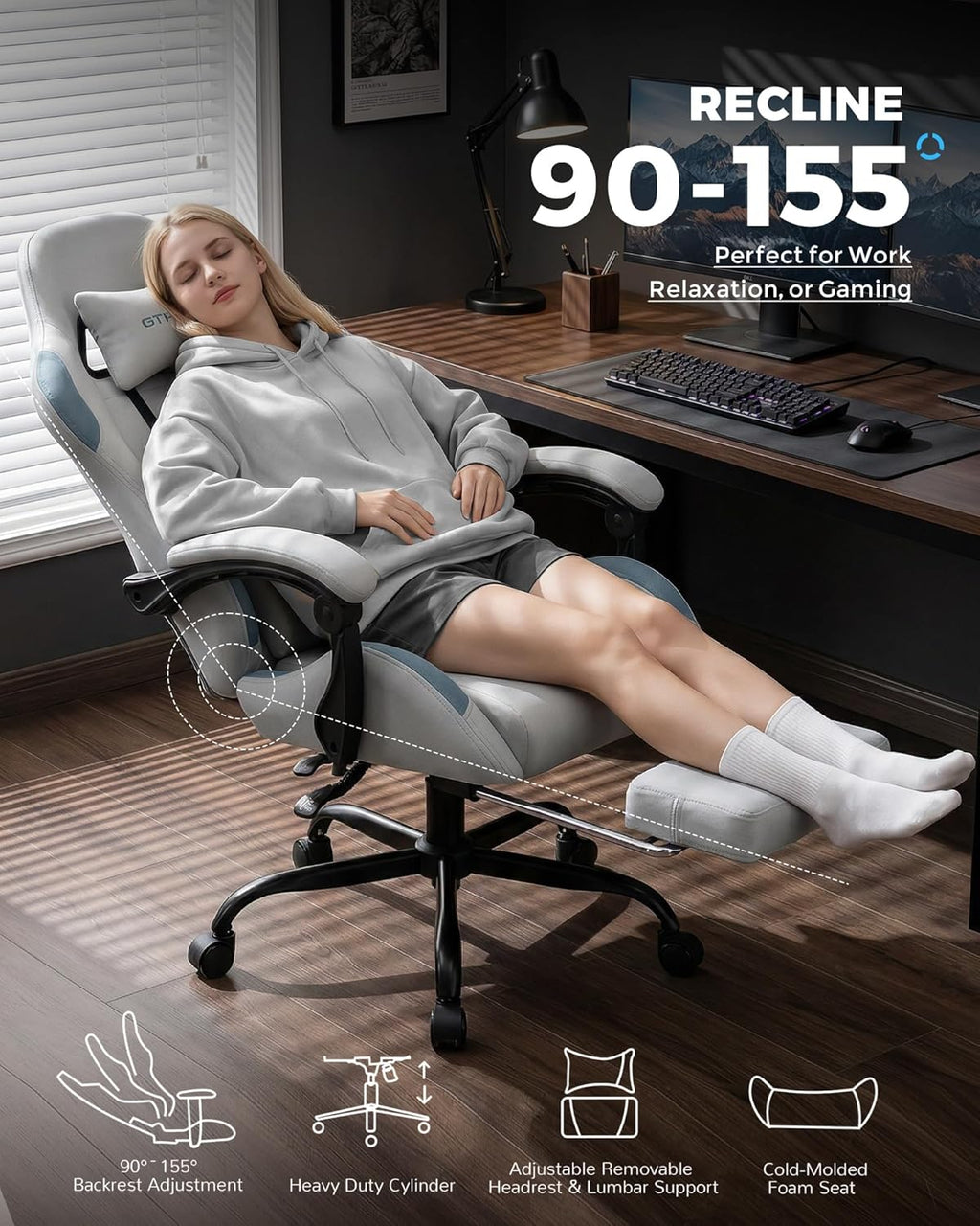 GTPLAYER Gaming Chair Fabric with Pocket Spring Cushion,Computer Office Chair with Lumbar Support for Adults Linkage Armrests and Footrest Ergonomic Gamings Chairs Height Adjustable Gray