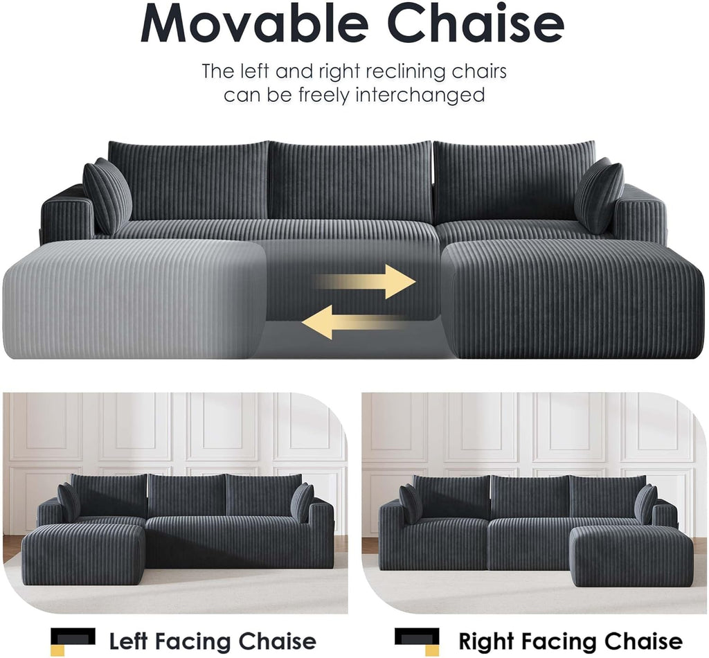 108" Cloud Couch Modular Sectional Sofa for Living Room,L Shaped Boneless Couch with Deep Seat Chaise,No Assembly Required Foam Sleeper Sofa for Apartments,Plush Corduroy Fabric, Dark Grey