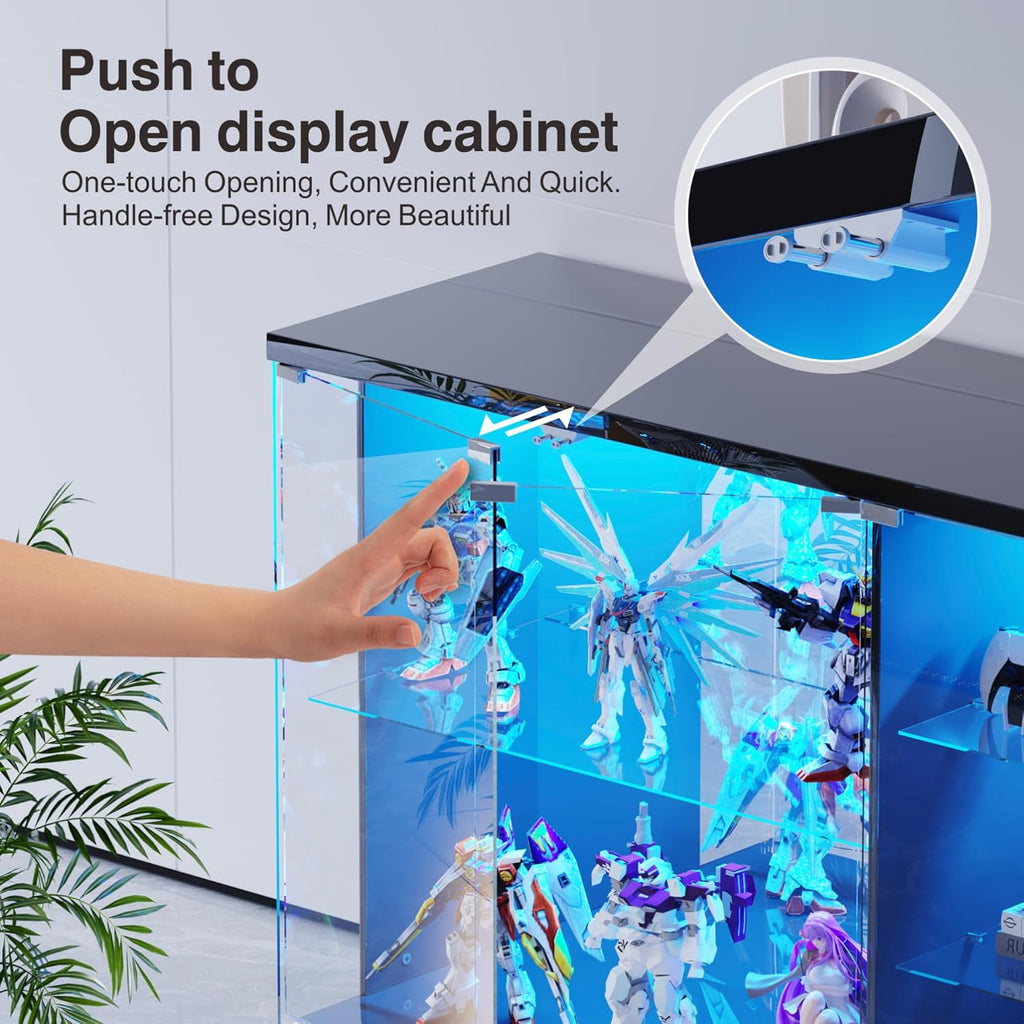 Lvifur Glass Display Cabinet with Lock & LED Light, High Gloss Sideboard with Human Body Sensor & Glass Shelves for Toys, Books, Collectibles, Liquor, Bookcase for Living Room, Kitchen, Study, Black