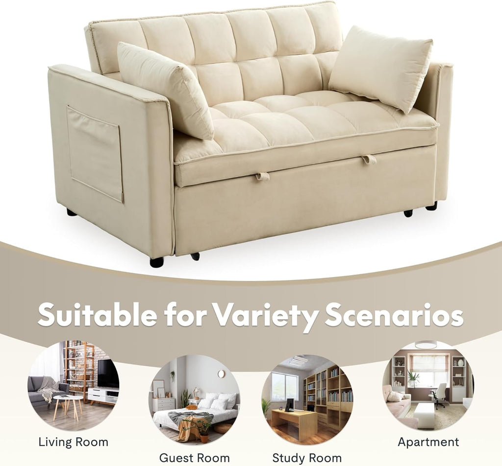 FLEXISPOT XCT4 Pull Out Couch, 3-in-1 Sleeper Sofa Bed with Adjustable Backrest, Loveseat Sleeper with Pillows & Side Pockets, Convertible Futon Couch for Small Spaces Guest Room Apartment, Cream