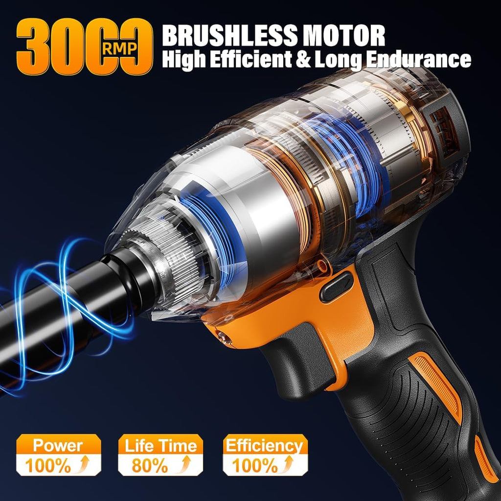 Brushless Impact Wrench 3-in-1 500N.m(369Ft-lbs) Torque Wrench 1/2 Drive with 2.0Ah Battery, 8 Drill Bits, 6 Screwdriver Bits, 4 Sockets, Cordless Impact Gun for automotive Repair and DIY
