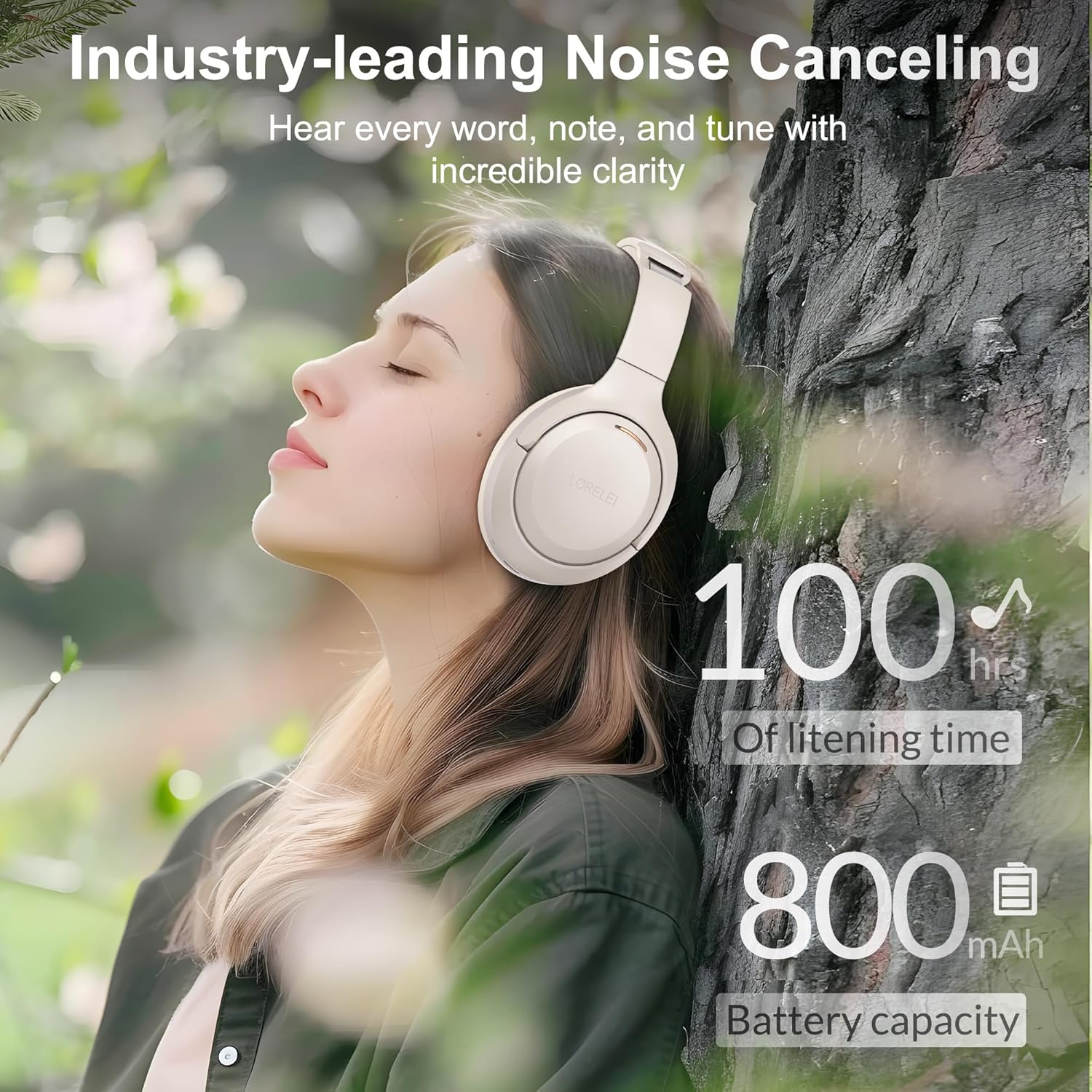 LORELEI QC60 Hybrid Active Noise Cancenlling Headphones,Wireless Over Ear Bluetooth Headsets with mic,100H Playtime  .3 EQ Mode Deep Bass, Memory Earmuffs,for Travel Home Office(Beige White)