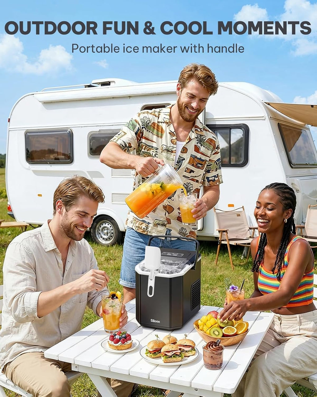 Silonn Ice Maker Countertop, Portable Ice Machine with Carry Handle, Self-Cleaning Ice Makers with Basket and Scoop, 9 Cubes in 6 Mins, 26 lbs per Day, Ideal for Home, Kitchen, Camping, RV