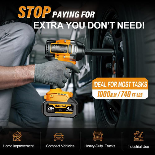 1000N.m Cordless Impact Wrench 1/2 inch,20V 740ft-lbs High Torque Impact Gun with 2 x 4.0 AH Batteries,Sockets and Case,Brushless Power Impact Driver for Automotive and Heavy Duty Use