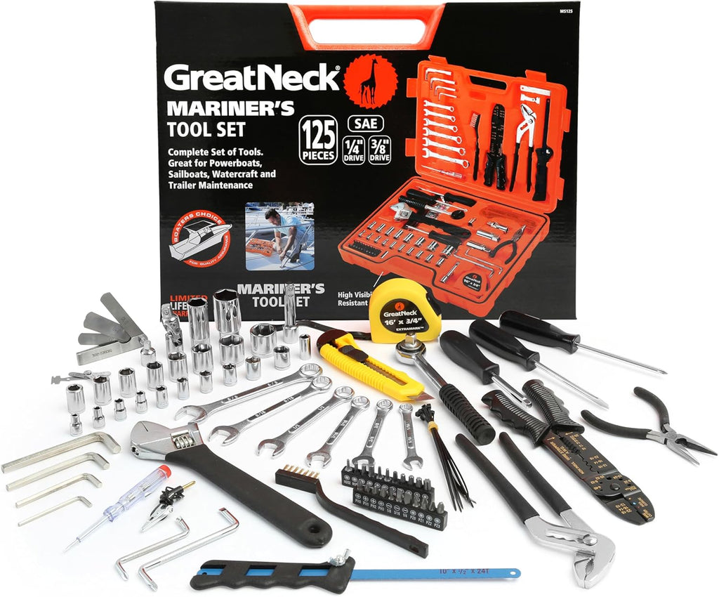 Great Neck MS125 125 Piece Marine Tool Set, Gifts for Men, Dad Gifts, High Visibility, Water-Resistant Boat Tool Box Case, Anti-Rust Chrome-Plated Boat Supplies And Accessories