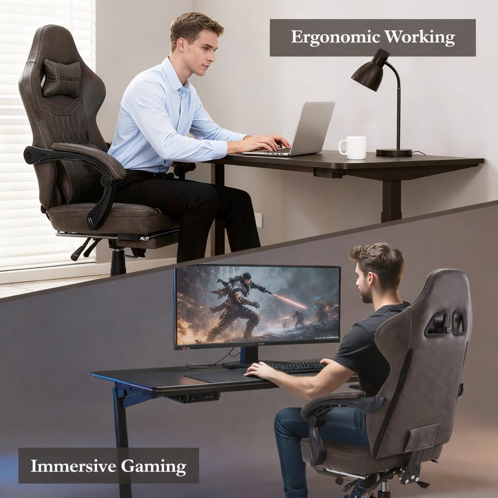 Dowinx Gaming Chair Breathable PU Leather Gamer Chair with Footrest Massage Lumbar Support, Big and Tall Ergonomic Reclining Computer Chair with Pocket Spring Cushion for Adults Teens (Brown)