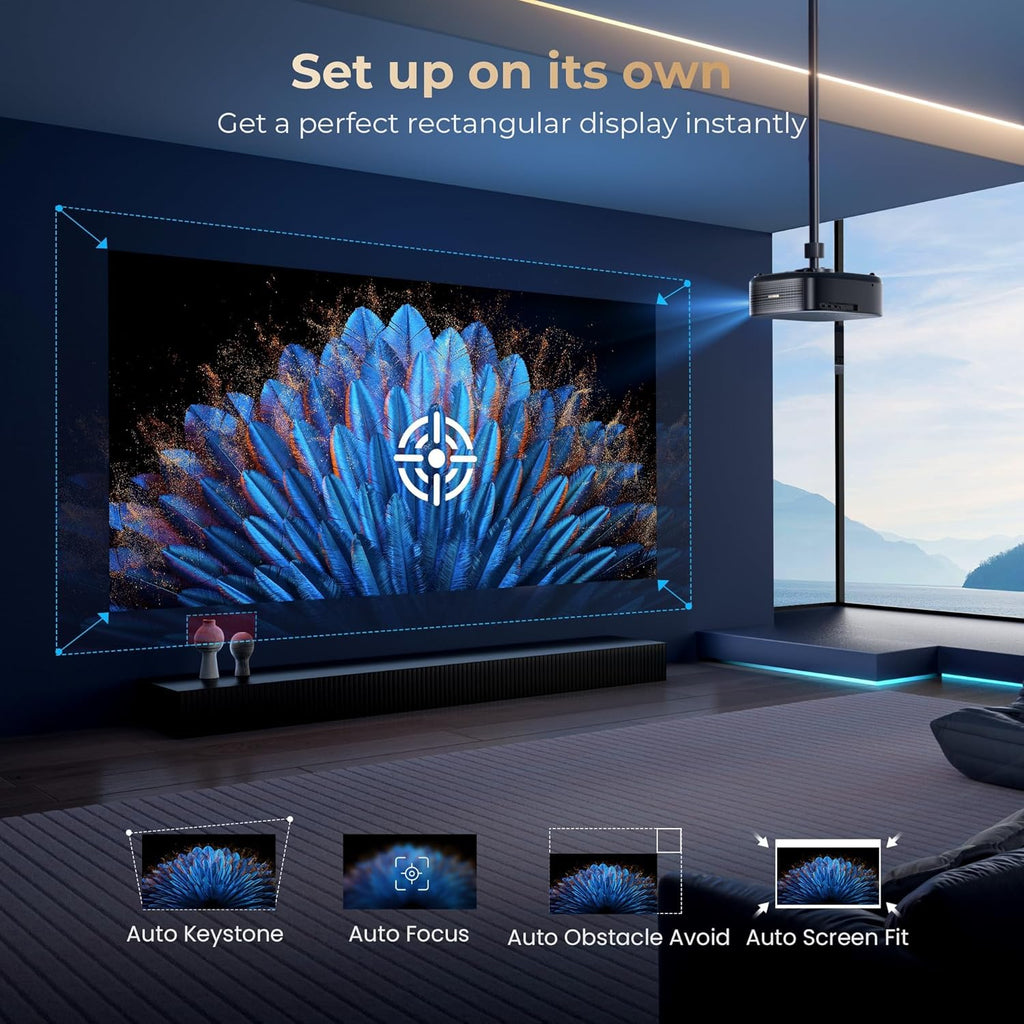 2500 ANSI & 30W Speakers Alvar 4K Support Projector with WiFi 6 and Bluetooth, dbx-tv Sound, Built in NetfIix App & DoIby Audio Outdoor Proyector, Auto Focus & Keystone Native 1080P Smart Projector