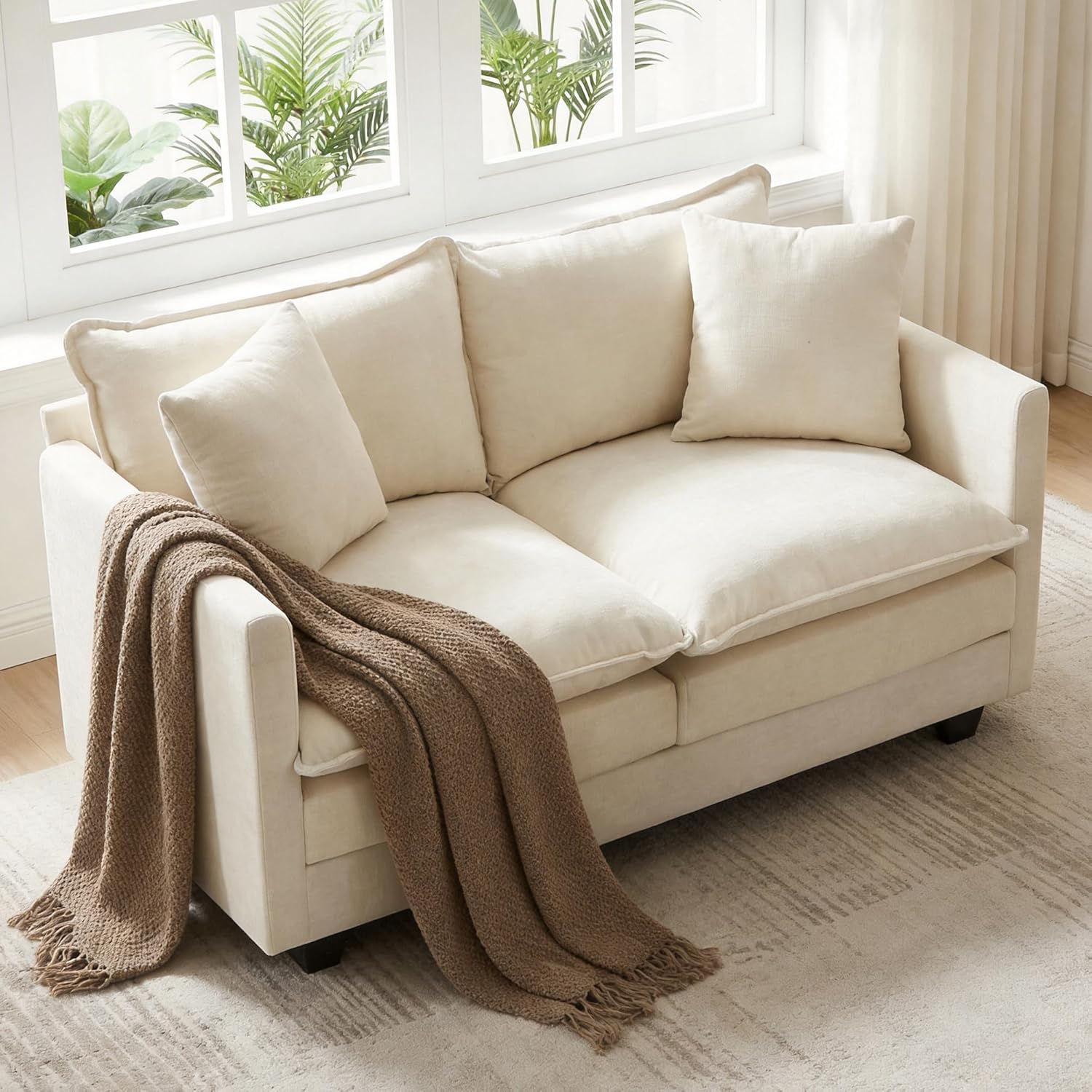 52" Loveseat Sofa, Modern Love Seat Couches, Small Loveseat for Small Spaces, Comfy Chenille Deep Seat Cloud Loveseat with 2 Pillows for Living Room, Bedroom,Apartment and Office, Beige