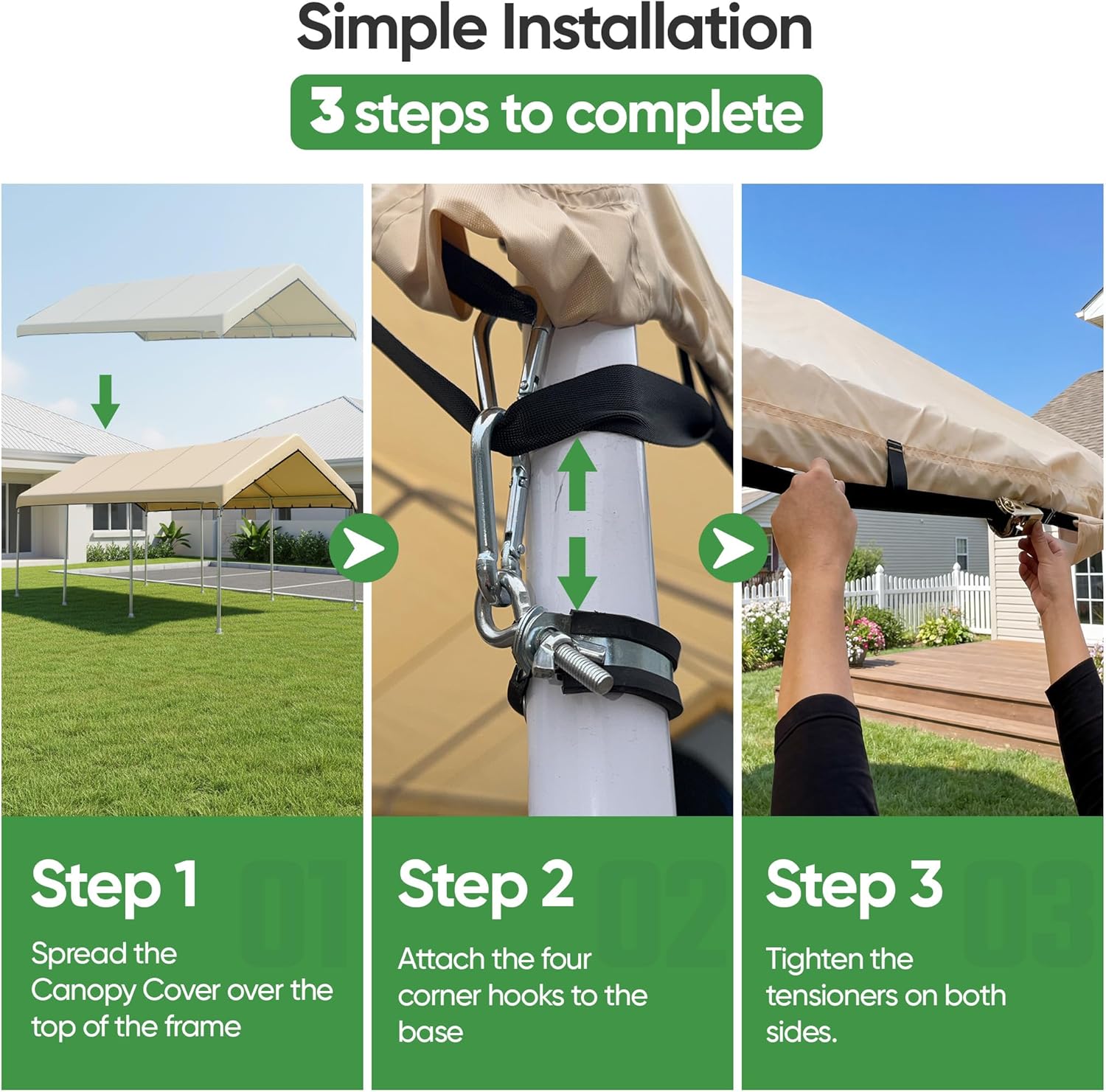 SIHAIAN 10 x 20 Ft Carport Replacement Canopy Cover(No Frame), Easy to Set up Carport Canopy, 500D Heavy-Duty Garage Top Tent Shelter Tarp Waterproof and UV Protected (Only Canopy Cover) Beige