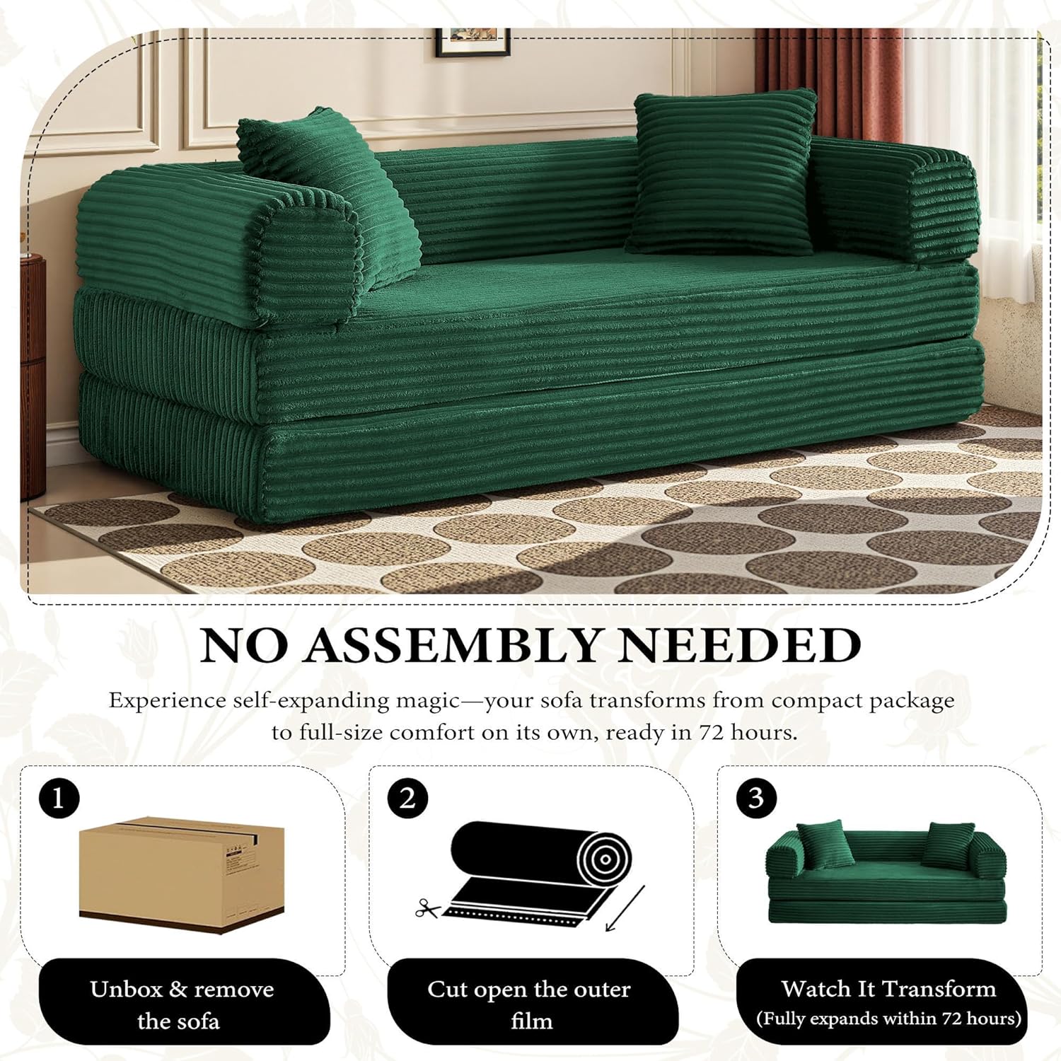 Boneless Couch Versatile Couches for Living Room No-Install Sofa Bed Corduroy Futon Soft Cloud Couch with Pillows for Bedroom Game Movie (Green, 76")