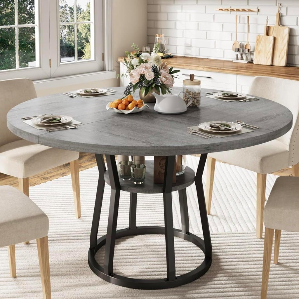 GarveeHome 47 in Inch Round Dining Table for 4, Farmhouse Dining Room Circle Dinner Table,Space Saving Wood Kitchen & Dining Room Furniture, Round Tables with Storage and Metal Legs, Grey (Only Table)