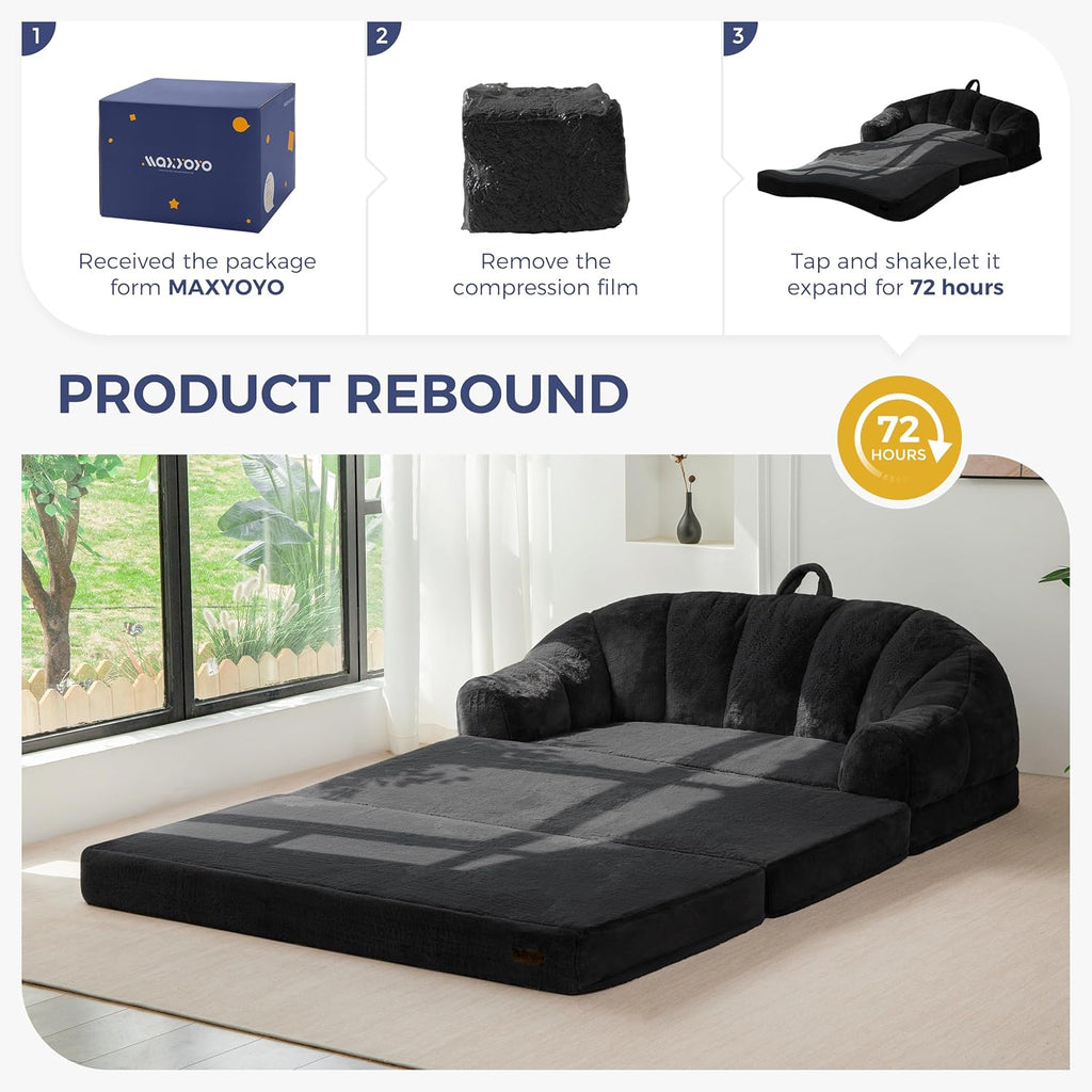 MAXYOYO Folding Sofa Bed, 2 in 1 Convertible Sofa to Lounger Comfy Loveseat Bean Bag Chair for Adults, Floor Sleeper Couch with Handle, Faux Fur Couch Bed for Living Room Bedroom, Black, Loveseat