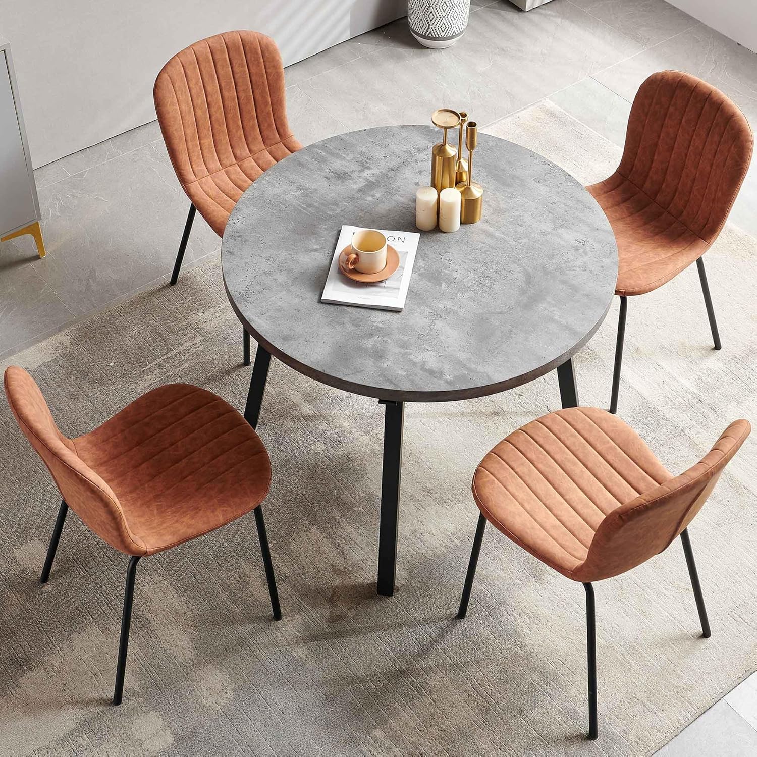 Brown Dining Chairs Set of 4 PU Leather Dining Room Chairs with Black Metal Legs, Mid Century Modern Dining Chairs for Kitchen & Dining Room