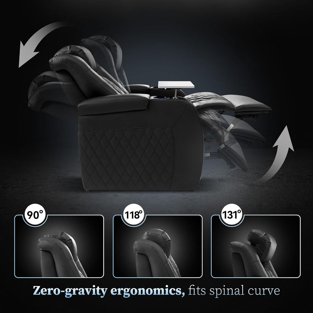PBRO Home Theater Seating Genuine Leather Recliner Chair, Power Reclining & Headrest, USB A/C Charging Ports, Tray Table, Cup Holder Ambient Lighting Black Row of 4