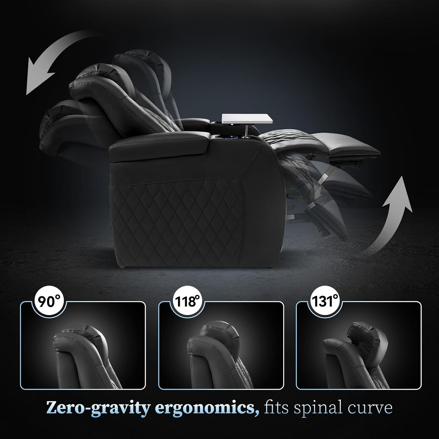 PBRO Home Theater Seating Genuine Leather Recliner Chair, Power Reclining & Headrest, USB A/C Charging Ports, Tray Table, Cup Holder Ambient Lighting Black Row of 4