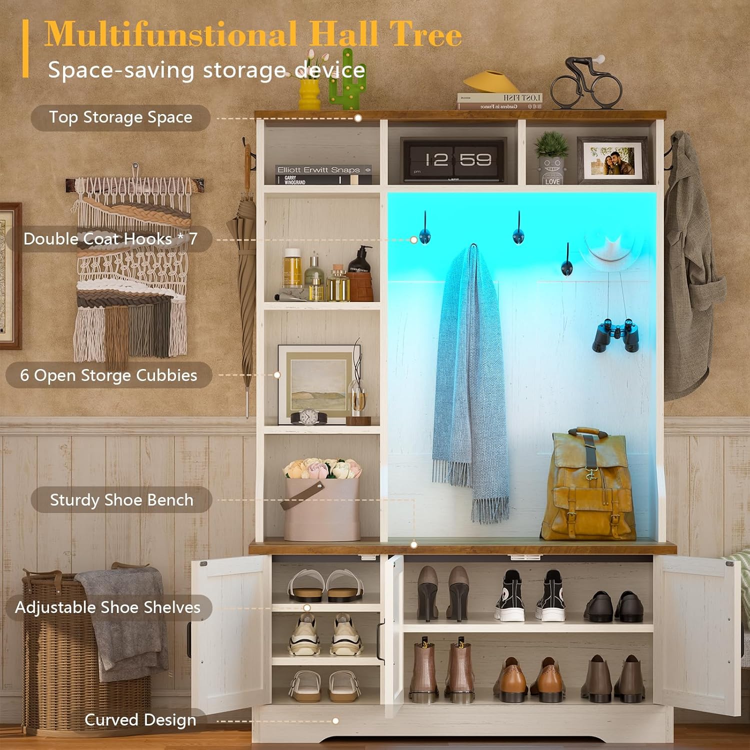 CSZZD Hall Tree with Bench and Shoe Storage, Farmhouse Entryway Bench with Coat Racks and Led Lights, Tall Hall Tree with 7 Coat Hooks, 6 Storage Cubbies, Adjustable Shelf