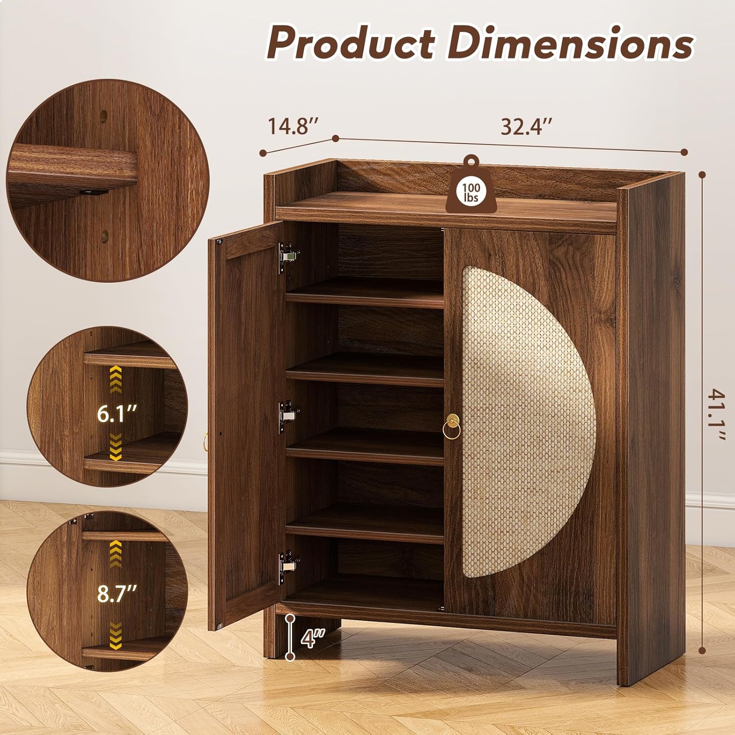 Shoe Cabinet Storage for Entryway - Rattan Entry Way Shoe Storage Cabinet with Adjustable Shelves, Wood Shoe Organizer Cabinet, Accent Cabinet with Doors for Entrance Hallway Living Room Foyer