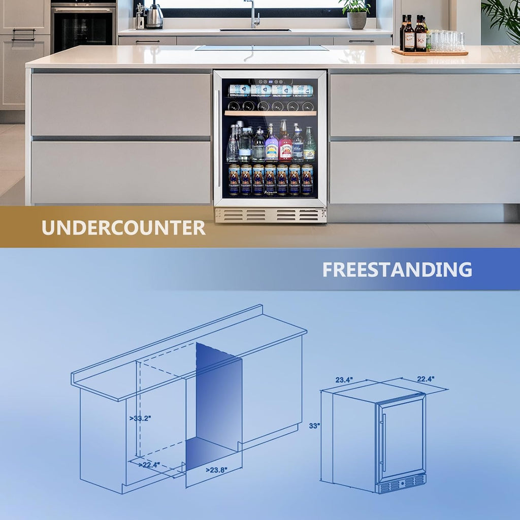 Kalamera Mini Fridge 24 Inch Undercounter Beverage and Wine Cooler Refrigerator Built-in or Freestanding - 118 Cans & 15 Bottles Capacity with LED Light Glass Door