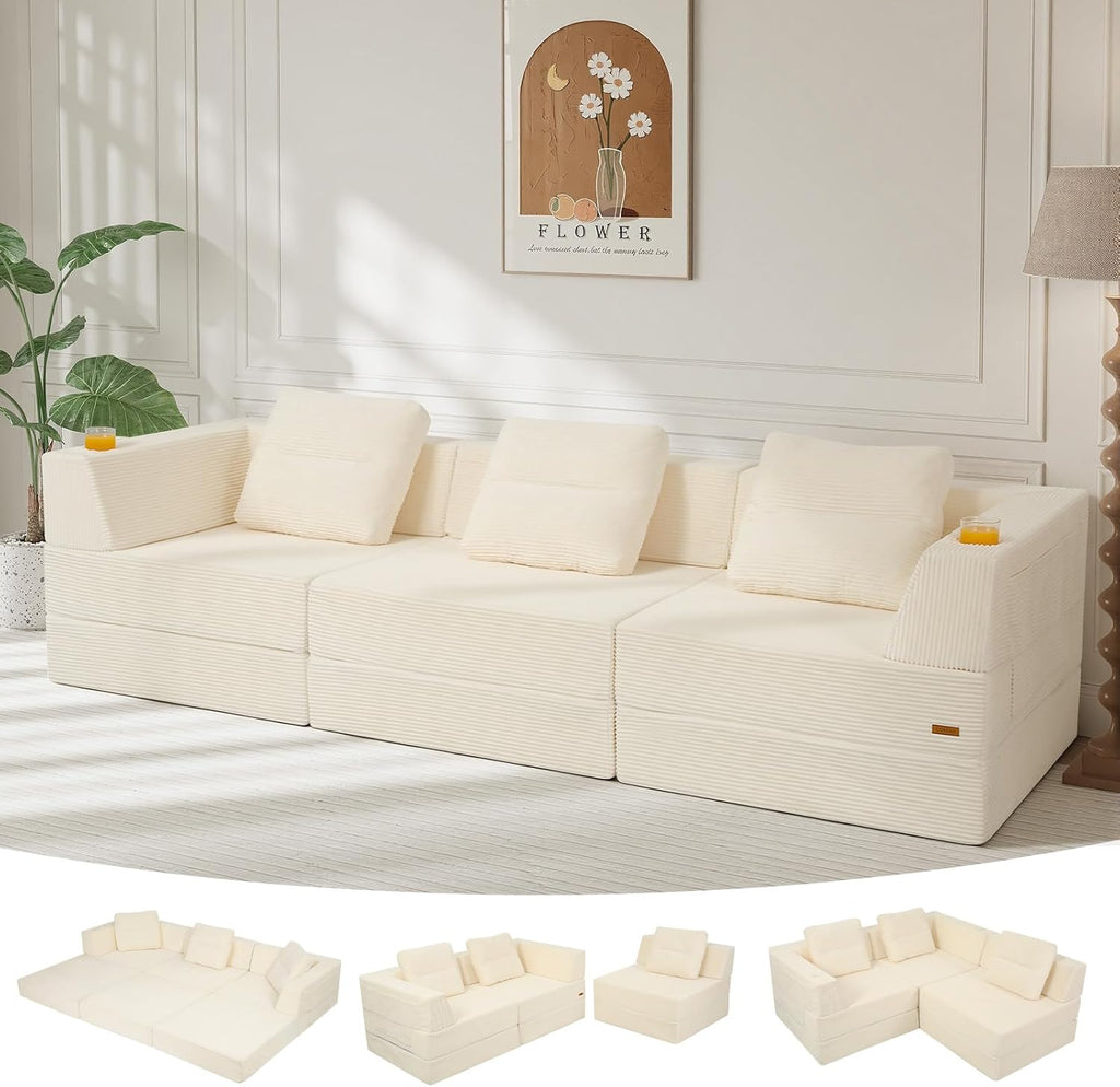 COMAX Futon Sofa Bed 3 Seater, 106" Convertible Sofa Bed Couches for Living Room, 4 in 1 Folding Boneless Sleeper Corduroy Couch Foam in a Box, Comfy Foldable Lounge Fold Out Floor Mattress, Beige