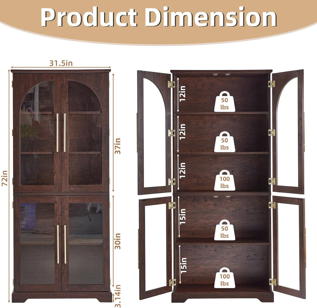 Joaxswe 72" Tall Bookshelf with 4 Curved Glass Doors, Farmhouse Bookcase with 3-Tier Adjustable Shelves, Modern Living Room Display Cabinet, Large Storage Cabinet for Home Office,Dining Room, Walnut