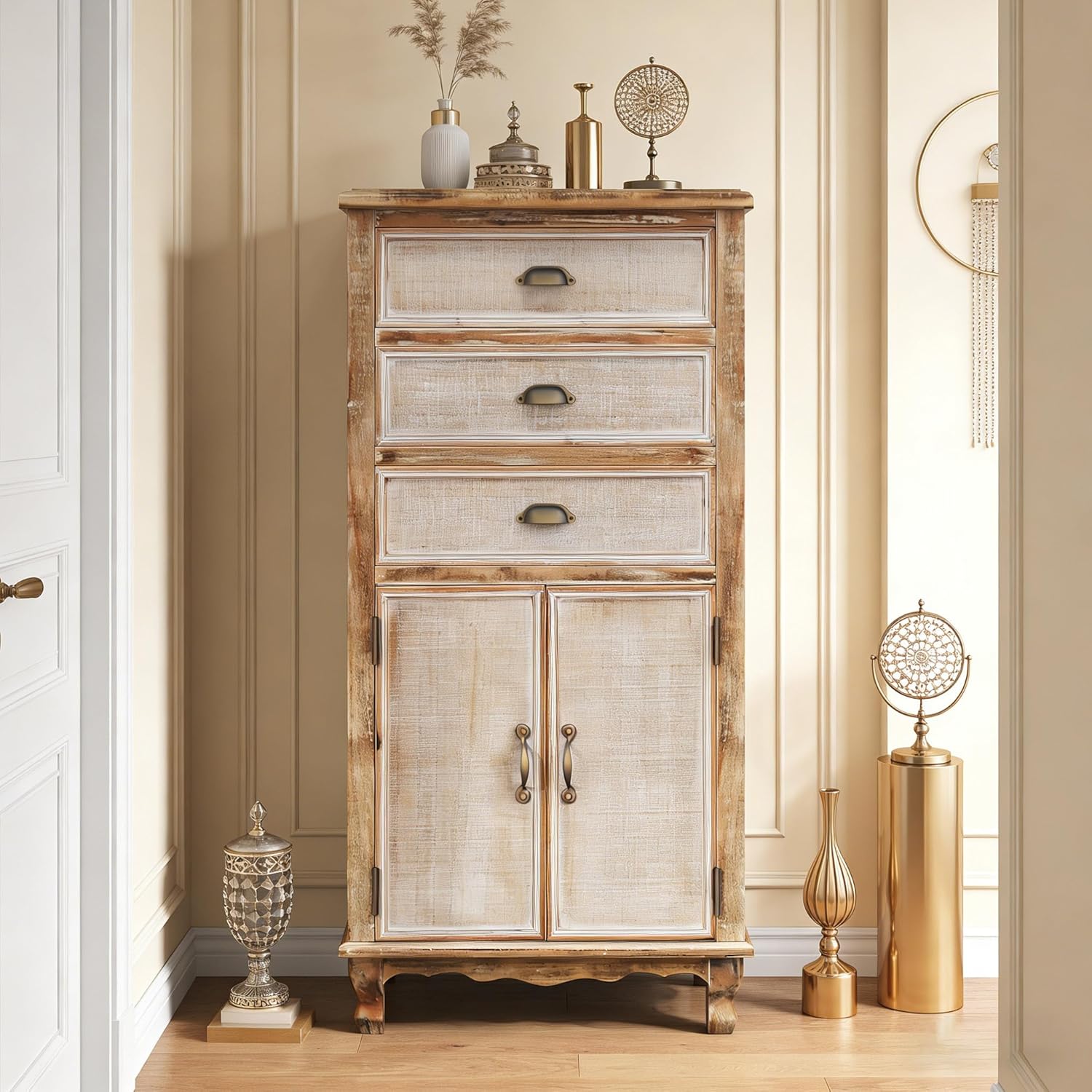 Rustic Tall Storage Cabinet - Distressed Solid Wood Frame Accent Cabinet with 3 Drawers & 2 Doors, Farmhouse Freestanding Floor Cabinet for Entryway, Living Room, Hallway