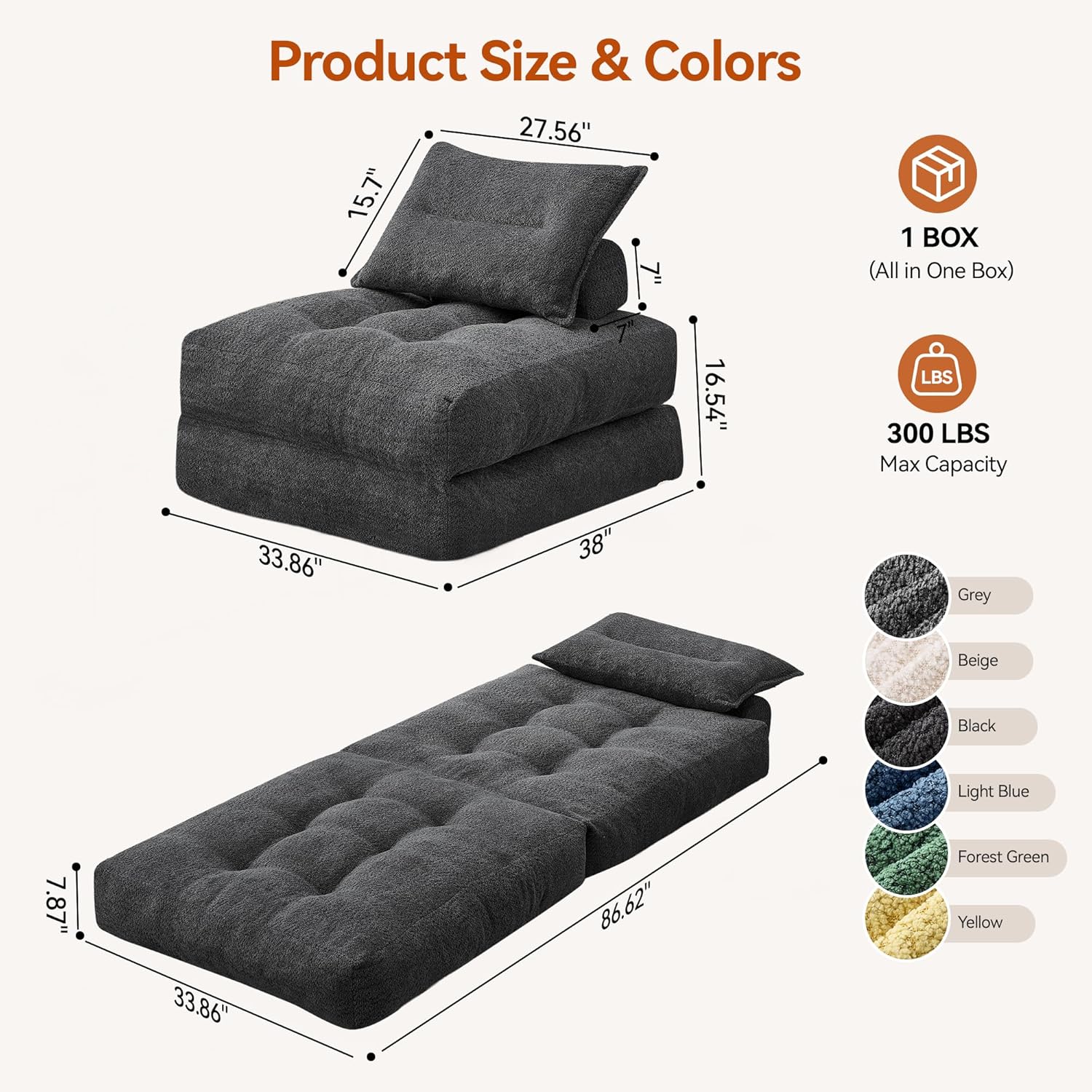 MONVANE Folding Sofa Bed, Fold Out Chair Bed with Pillow, Convertible Sleeper Chair for Living Room/Small Spaces, Foldable Lazy Sofa Bed Floor Chair, Comfy Teddy Velvet Couch Bed, Grey