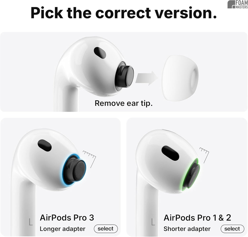 Foam Masters Memory Foam Ear Tips for AirPods Pro 1st & 2nd Gen | Comfortable | Secure | Better Noise Cancellation | Version 3.0 Replacement Buds (Small, Med, Large - 3 Pairs, Black)